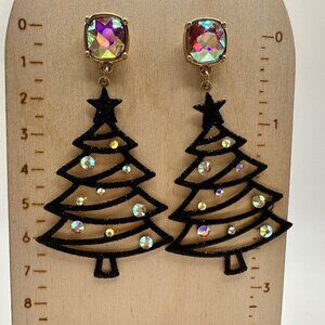 Black Glitter Color Winter Christmas Xmas Tree Shape Drop Dangle Hook Earrings